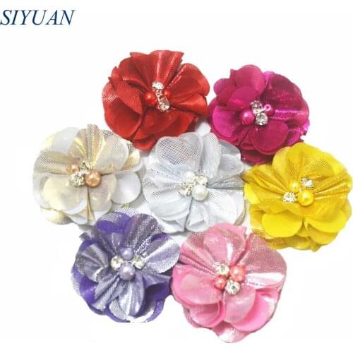 100pcs/lot 16 Colors 2.2'' Ruffled Metallic Fabric Flower with Fake Pearl Girl Headband Hairpin Embellishment TH235