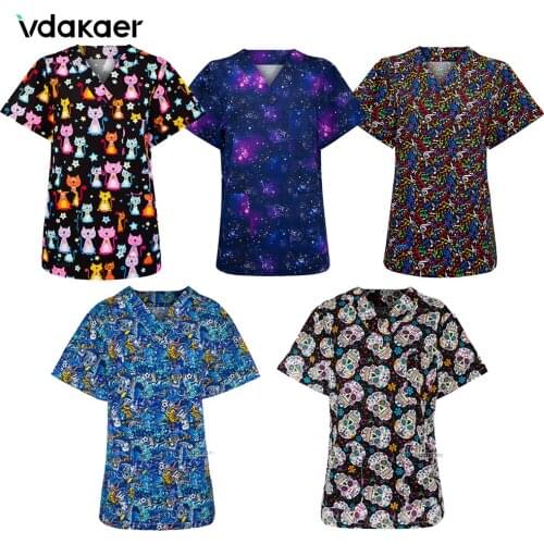 Hospital Worker Nursing Uniform Unisex cat Print Casual Short Sleeve V-neck Carer Top Nurse Working Medical Uniforms Supplies