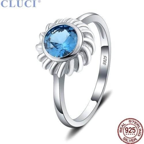 CLUCI Classic Sunflower Silver 925 Ring with Big Blue Zircon Women Wedding Engagement Rings Jewelry DR1036SB
