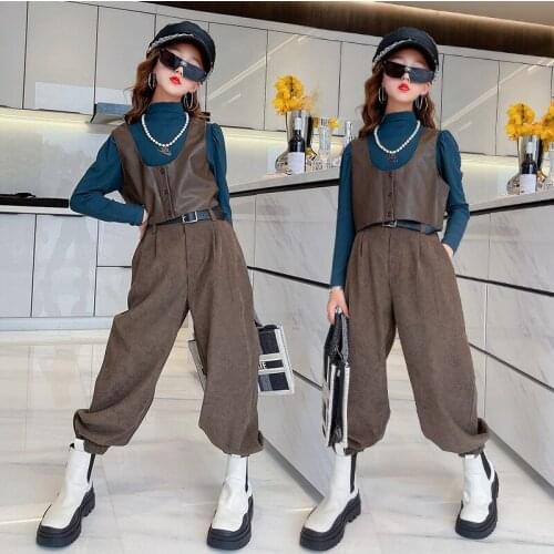 Kids Clothing Autumn Long Sleeve PU Leather Vest T Shirt Pants 3pcs Sets for Girls Fashion Cool Childrens Costumes 8 10 12 Year