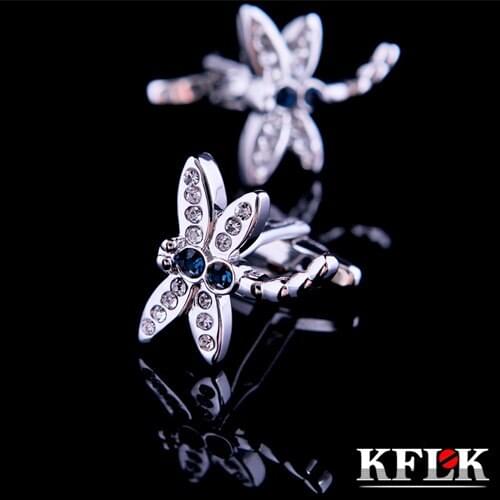 KFLK 2020 Luxury shirt cufflinks for mens Brand cuff buttons Blue Crystal Dragonfly cuff link High Quality abotoaduras Jewelry