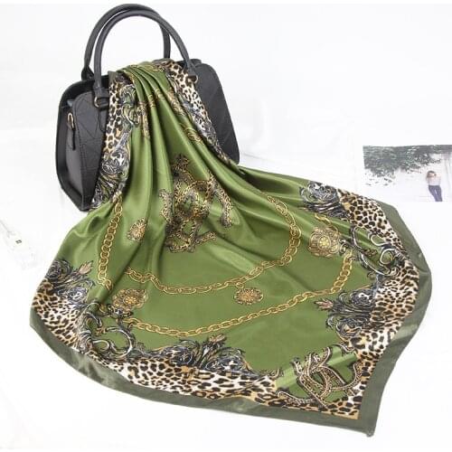 Classic Leopard Print Silk Scarf 90cm Large Square Scarf Printing Imitation Silk Scarf Shawl Headscarf Female Warm