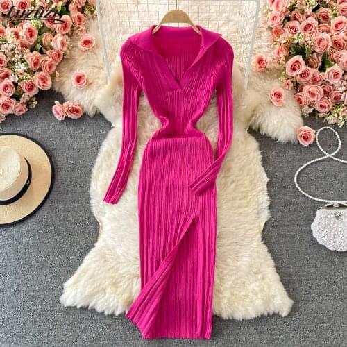 Luzuzi Women Korean Knitted Dress Long Sleeve V Neck Elastic Slim Pencil Dresses 2021 Autumn Sexy Bodycon Split Sweater Dress