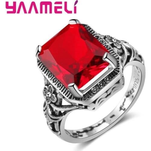 Fashion Genuine Austria Crystal Luxury Classic Rectangle Red Purple Stone Ring Square CZ 4 Prong Vintage Women Jewelry