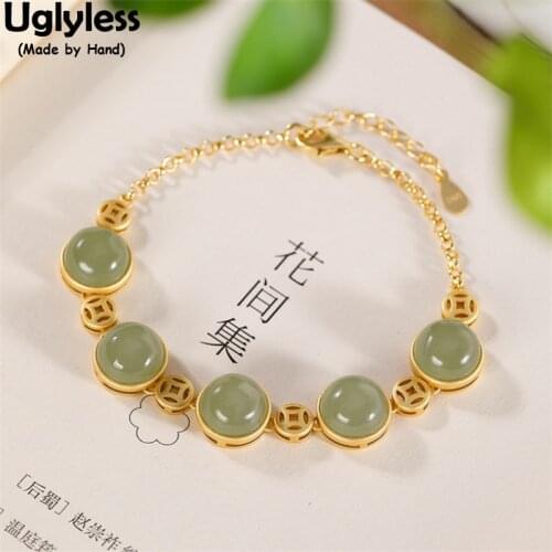 Uglyless Fashion Perfect Round Jade Bracelets for Women Antique Coins Chains Bracelets Gemstones 925 Silver Minimalism Jewelry