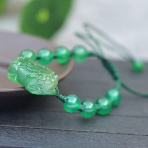 Natural Green Chalcedony Bracelet Carved Pixiu Round Beads Bracelet Bangles Gift for Womens Jades Stone Jewelry