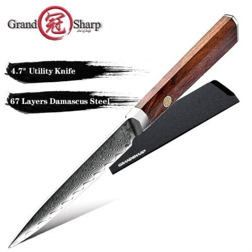 Grandsharp 4.7 Inch Utility Kitchen Knife High Carbon Damascus Stainless Steel Fruit Paring Slicing Knife Rosewood Handle