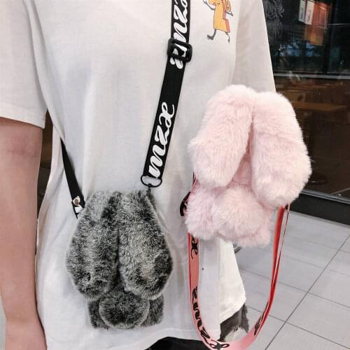 Plush Warm 3D Rabbit Ear Crossbody Phone Case for iPhone 11 12 Pro Max XS XR X 7 8 6 S Plus Furry Fur Shoulder Neck Strap Cover