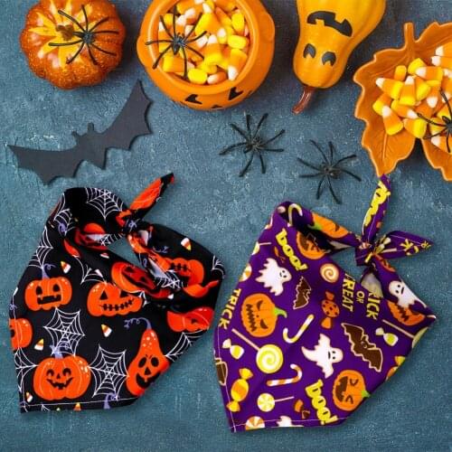Halloween Dog Pet Saliva Towel Cotton Bandana Triangle Bibs With Pumpkin Bat Spider Pattern Washable Scarf Accessories