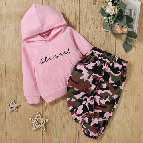 2Pcs Kids Girls Clothes Tracksuit Letters Print Hooded Long Sleeves Sweatshirt + Camouflage Casual Pants for 1-5 Years