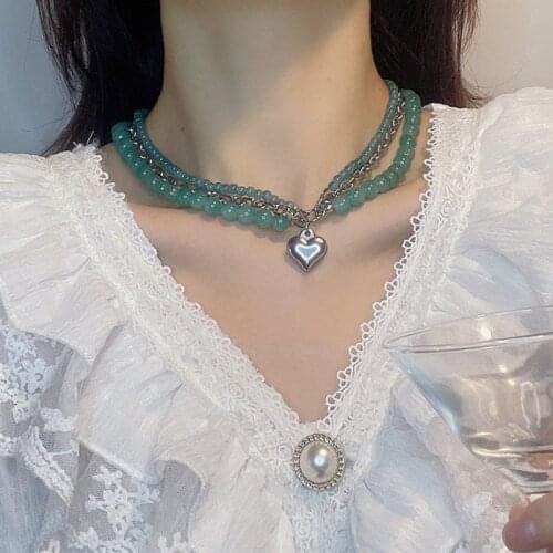 VSnow Textured Multi-layer Green Beaded Love Heart Pendant Necklace for Women Creative Mix Chunky Chain Chokers Necklace Jewelry