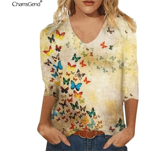 Women T-Shirts Long Sleeve Casual Tee 2021 Autumn Butterfly Print Fashion Tops Oversized Female Loose T-shirt V-Neck Plus Size