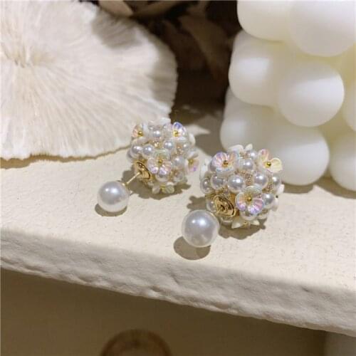 ​ZDMXJL Japan And Korean High Class Women Earring Sweet Pearl Flower Ball Ear Stud Pandora 925 Original Accessories For Jewelry