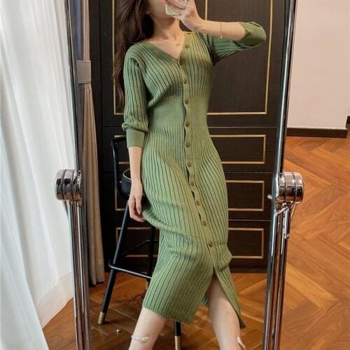 V Neck Single Breast Design Skinny Sweater Dress Women High Waist Hip Solid Temperament Vestidos Pullover Long Sleeve Long Robe