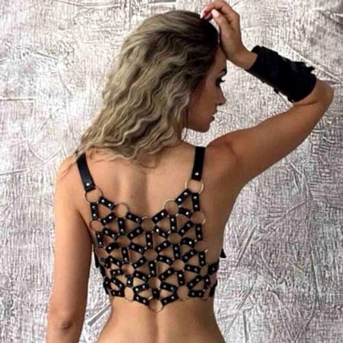 Punk Lady Body Chain Necklace Black PU Leather Sexy Bondage Straps Bra Body Harness Lingerie Belt Women Nigh Club Body Jewelry