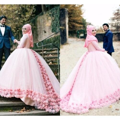 Pink Ball Gown Muslim Wedding Dresses High Neck Long Sleeves Tulle Flowers Lace Back Bandage Wedding Gowns Muslim Bridal Dresses