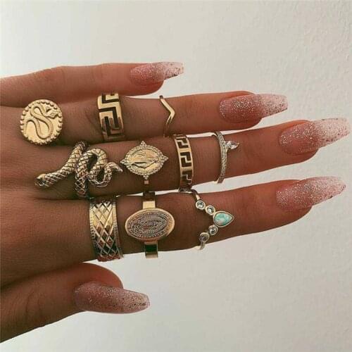 10pc/set Gold Color Snake Rings For Women Exaggerated Hollow Stone Crystal Jesus Ring Set