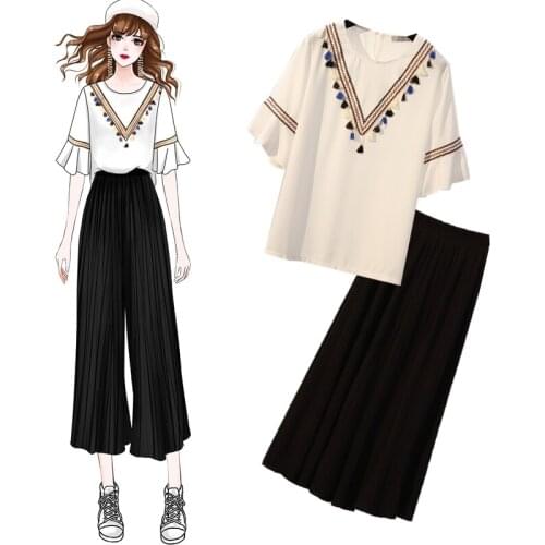 2021 Summer New Chiffon Two Piece Set Women Slim Chiffon Tops & Wide Leg Pants Suit Set Ladies Large Size Loose Tracksuit L-4XL