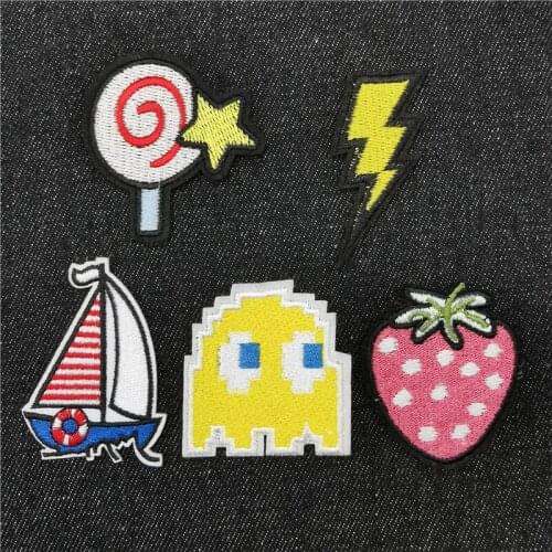 5PCS/LOT Lightning Boat Strawberry Iron on Patch for Clothing Embroidered Sewing Applique Woven Badge Sew On Patches PINK GIRL