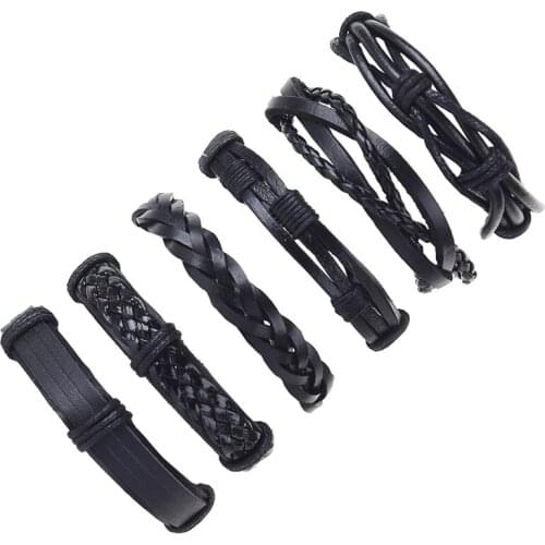 6pcs/set wholesale hippie punk classic black Leather flat band thick thin cord macrame Layers stackable Bracelet Bangles for man