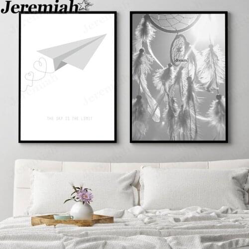 Abstract Paper Airplane Canvas Painting Dream Catcher Black and White Dream Letter Poster Wall Art Nordic Home Living Room Decor