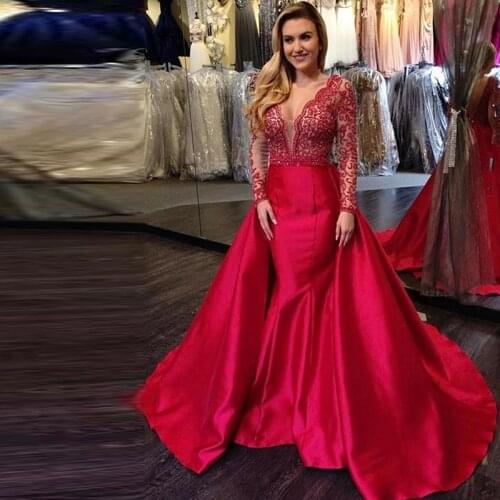 V-neck Long Sleeves Mermaid Prom Dresses Red Beading Satin Evening Dresses with Detachable Train Formal Party Gown