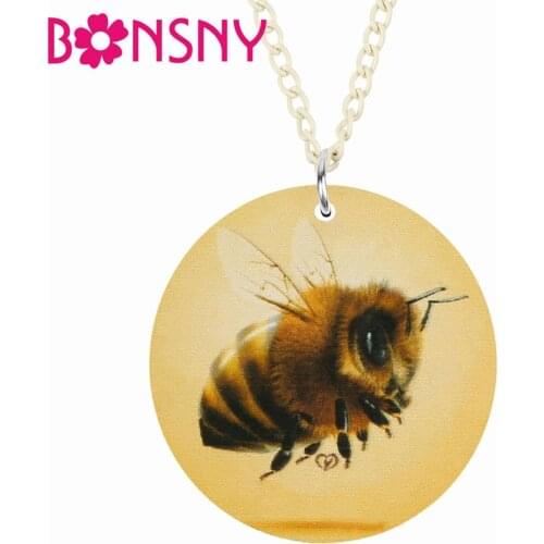 Bonsny Acrylic Round Honeybee Bee Necklace Choker Animal Chain Pendant Jewelry For Women Girl Girlfriends Novelty Gift Jewellery