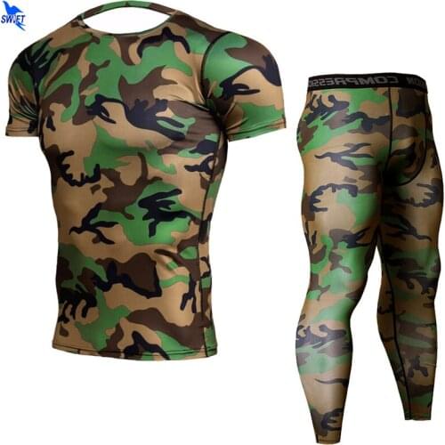 2020 Quick Dry Camouflage Mens Short Sleeve Running Set Compression Sport Suit Skinny Tights Clothes Gym Fitness Camo Sportswear