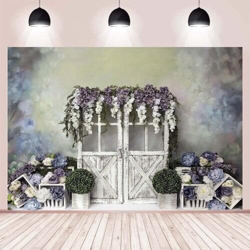 Avezano Photography Backdrop Garden Purple Flower White Wood Door Newborn Baby Shower Wedding Background Photo Studio Photophone