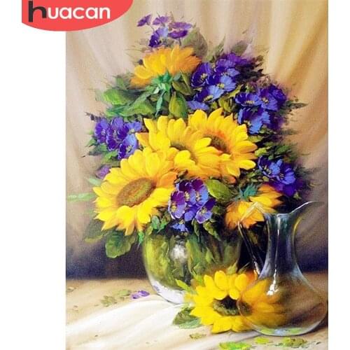 HUACAN Diamond Painting Sunflowers Cross Stitch Diamond Embroidery Mosaic Vase Of Flowers Wall Decoration Gift