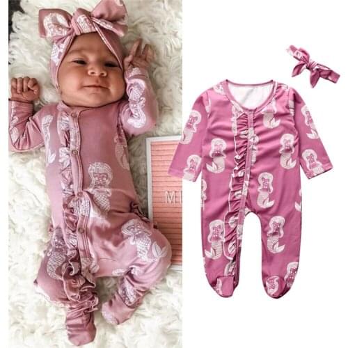 0-18M Toddler Infant Baby Girls Romper 2019 New Jumpsuit Pants Mermaid Prints Long Sleeve Outfits Set Clothes Wholesale