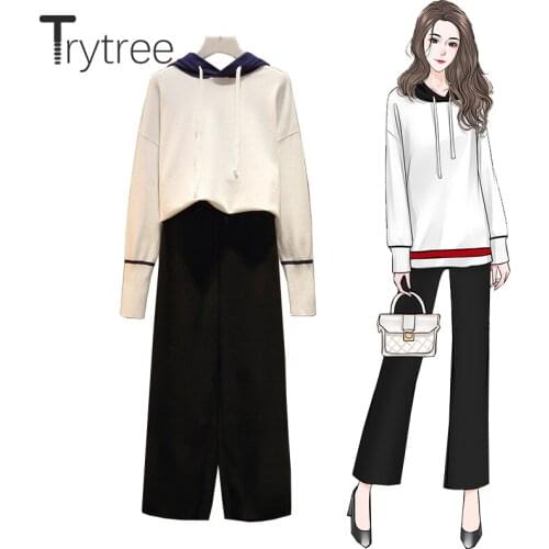 Trytree 2020 Winter Casual Women Knitted Two piece set Loose Hooded Top + Pants Elastic Waist Wide Leg Set 2 Colors 2 Piece Set