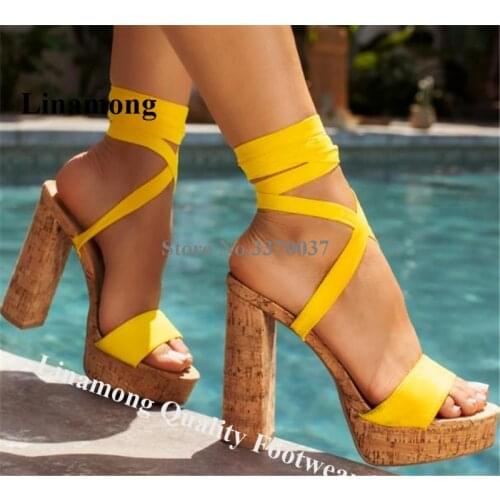 Linamong Newest Straps Cross High Platform Thick Wood Heels Gladaitor Sandals Yellow Black Beige Thick High Heel Sandals Heels
