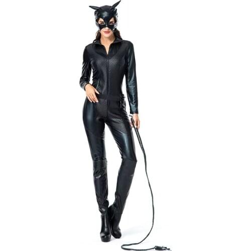 Faux Leather Tight Jumpsuits Women Black Cat Cosplay Female Halloween Animal Costumes Purim Nightclub Bar Role Play Party Dress