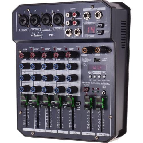 T6 Portable 6-Channel Sound Card Mixing Console Audio Mixer Built-in 48V Phantom power Supports MP3 Player BT Connection DJ Live
