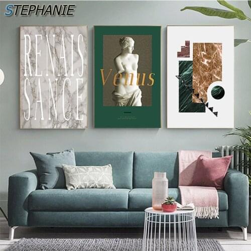 Nordic Green Combination Poster and Print Modern Marble Wall Art Picture for Living Room Abstract Venus Goddess Canvas Painting