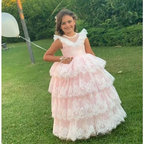 Off Shoulder Pink Girls Birthday Party Dresses Celebration Cake Bottom Dresses Ball Gowns Custom Made