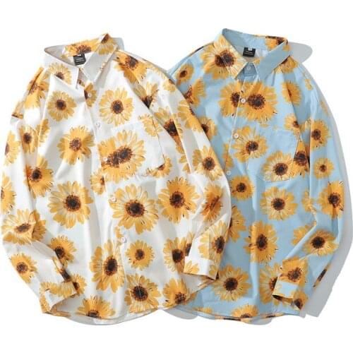 2020 Autumn New Casual Daisy Printed Shirt Women Loose Mens Long Sleeve Shirt Oversized Turn-down Collared Man Shirt Koszulki