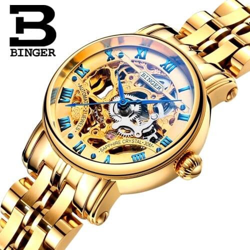 Switzerland luxury Womens watches BINGER brand Double Skeleton Mechanical Wristwatches sapphire Stainless Steel clock B-5066L3