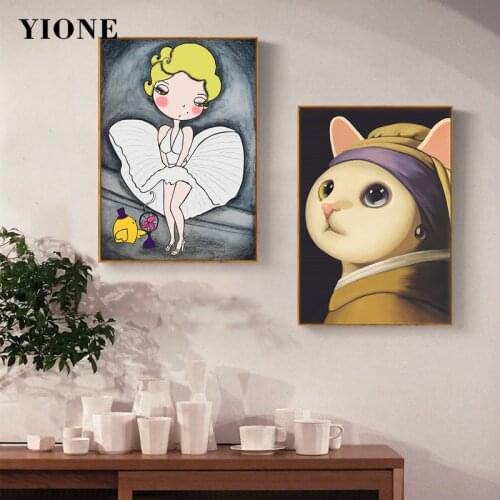 Funny Art Oil Painting Cartoon Pearl Girl Cat Face Actress Artwork Canvas Poster Prints Wall Pictures for Living Room Decoration