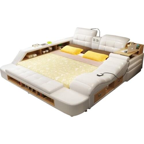 Smart bed frame camas кровать двуспальная lit beds سرير muebles dormitorio genuine leather bed LED light massage speaker safe s