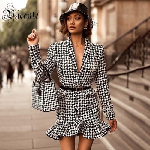 VC All Free Shipping 2020 New Chic Houndstooth Pattern V Neck Ruffles Deisgn Long Sleeves Celebrity Party Club Mini Dress