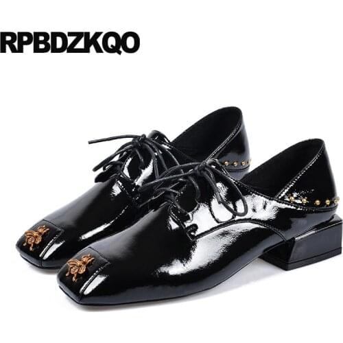 Pumps luxury brand women shoes 2019 stud autumn lace up square toe bee chunky black patent leather fashion metal rivet thick