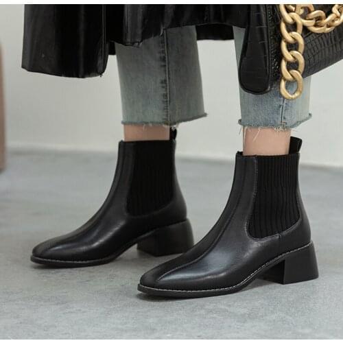 QZYERAI Women Winter Leather Ankle Boots For Women Elastic Band Booties Mujer 2021 Shoes Woman