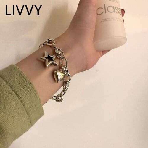 LIVVY Love Heart Hollow Star Pendant Multilayer Bracelet Women Thai Silver Color Female Hip-hop Trend Jewelry Accessories