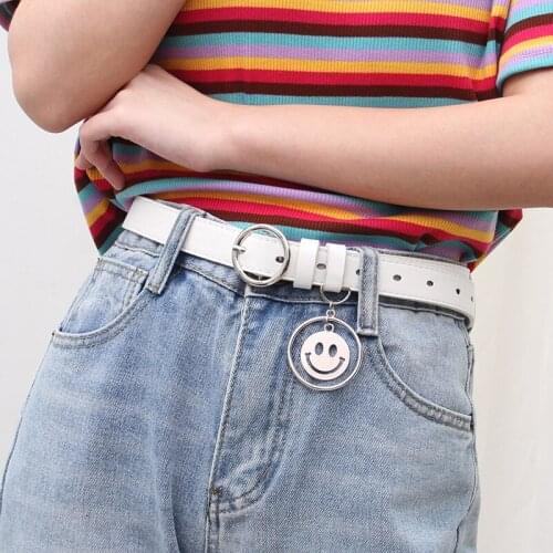 Punk Smile Pendant Round Buckle PU Leather Waist Belt For Women Cute Harajuku Star Belt Ladies Pants Party Dress Fashion Belts