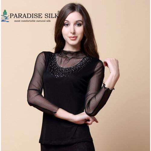 Womens Turtleneck Top 100% Silk Knit Mesh W/ Beads Long Sleeve Shirt For Women Size L XL XXL