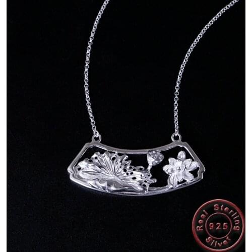 Amxiu Beautiful Lotus Flower Leaf Pendant Necklace 925 Sterling Silver Clavicular Chain Necklace for Women Office Lady Jewelry