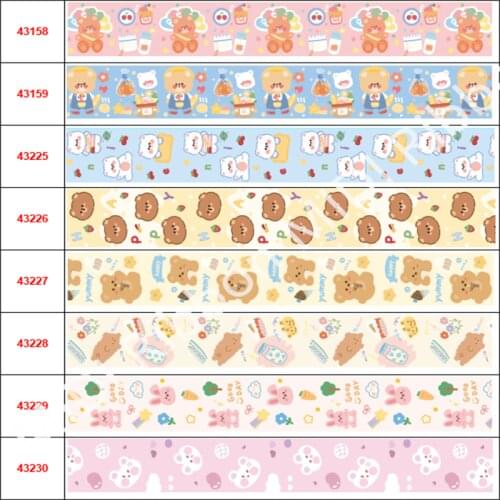 16mm-75mm Cartoon Rabbit Series Check Lace Dot Printed Grosgrain/Foe Ribbon Sweet Cherry Heart DIY Hair Bowknots 50yards/roll