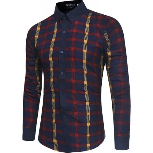 2018 Spring and summer new mens brand fashion color matching lattice long sleeve slim shirt high-quality business dress shirt